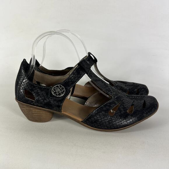 Rieker Mirjam 50 Pumps Women 8.5 Black Snakeskin Leather Hook & Loop Block Heel - Picture 2 of 10